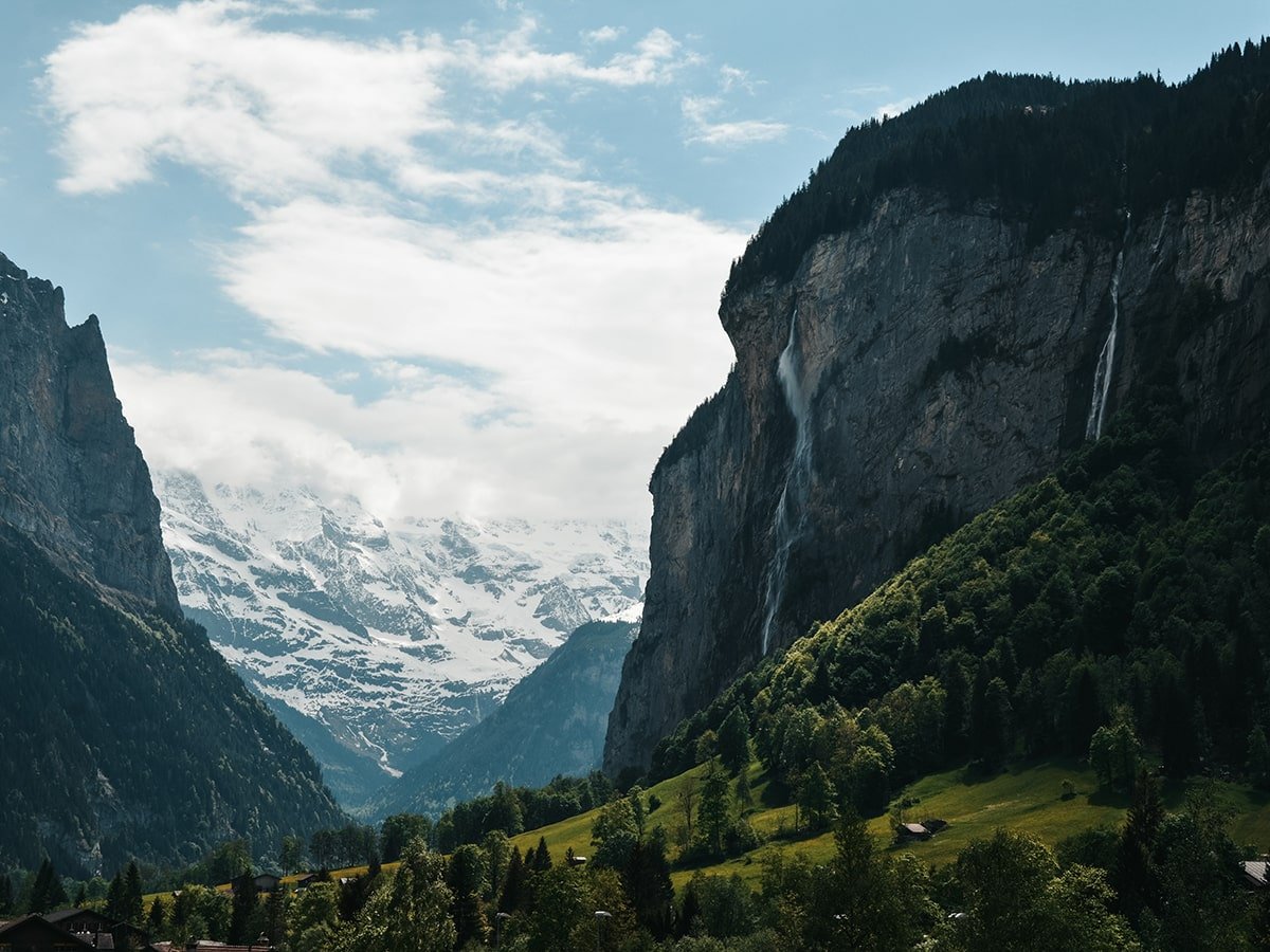 High mountains and waterfalls