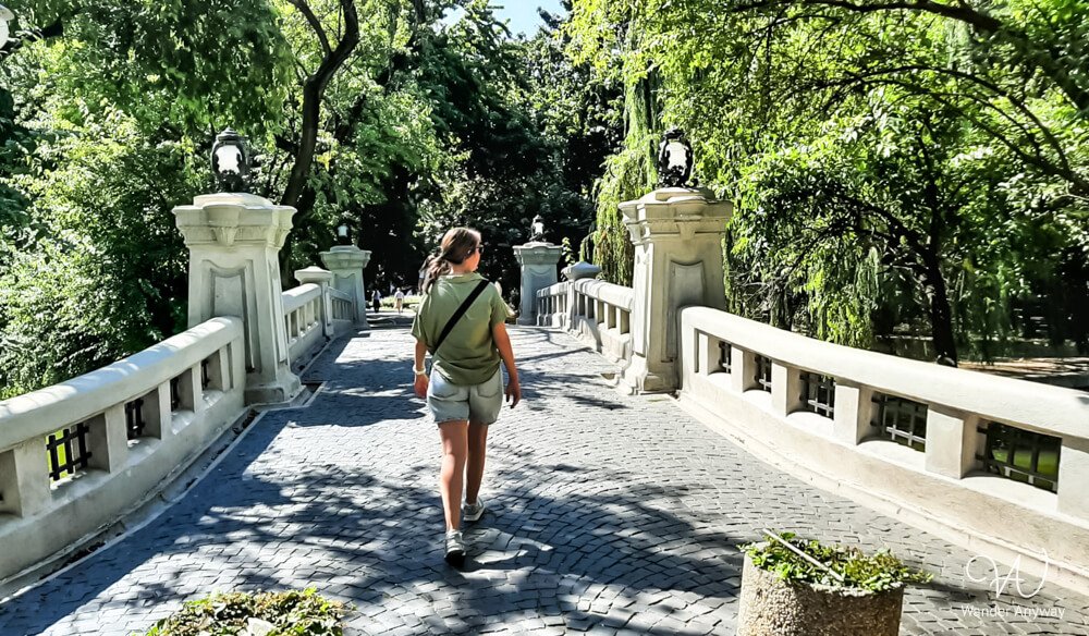 Walkway surrounded by greenery inside Cișmigiu Park, Bucharest’s oldest public garden.