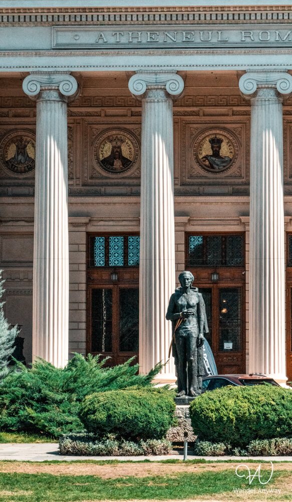 Detail of the Romanian Athenaeum with Corinthian columns in Bucharest.