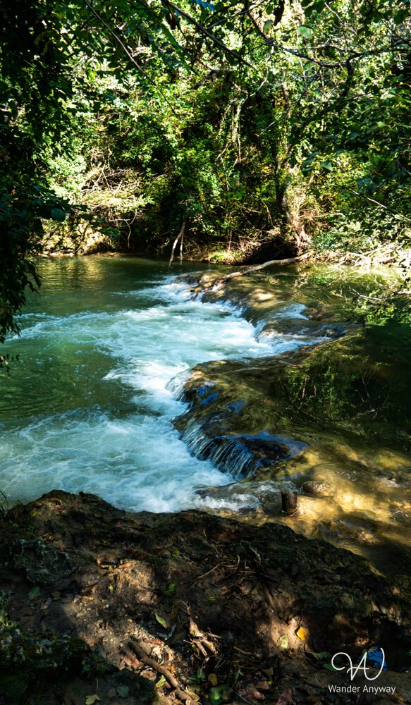 Cascading river along a forested path in Tuscany