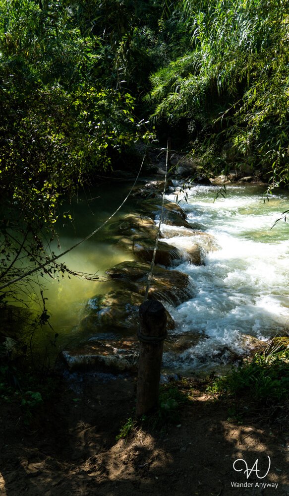 Forest trail and flowing river along the Elsa hiking route in Tuscany
