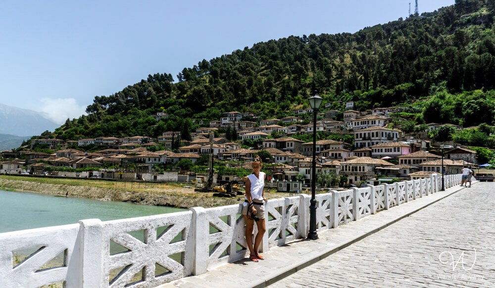 Walking across Gorica Bridge in Berat, Albania