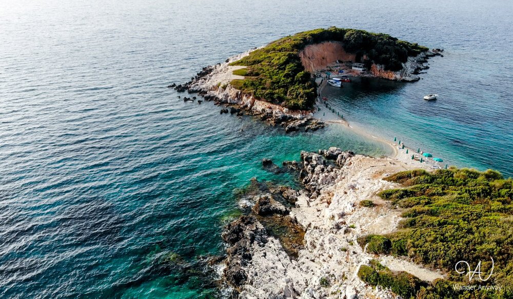 Aerial view of Isole Gemelle di Ksamil, Albania road trip highlight