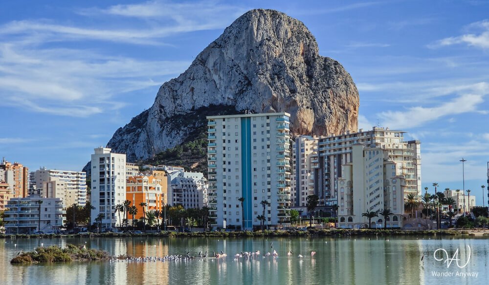 Calpe city skyline with Peñón de Ifach and surrounding buildings