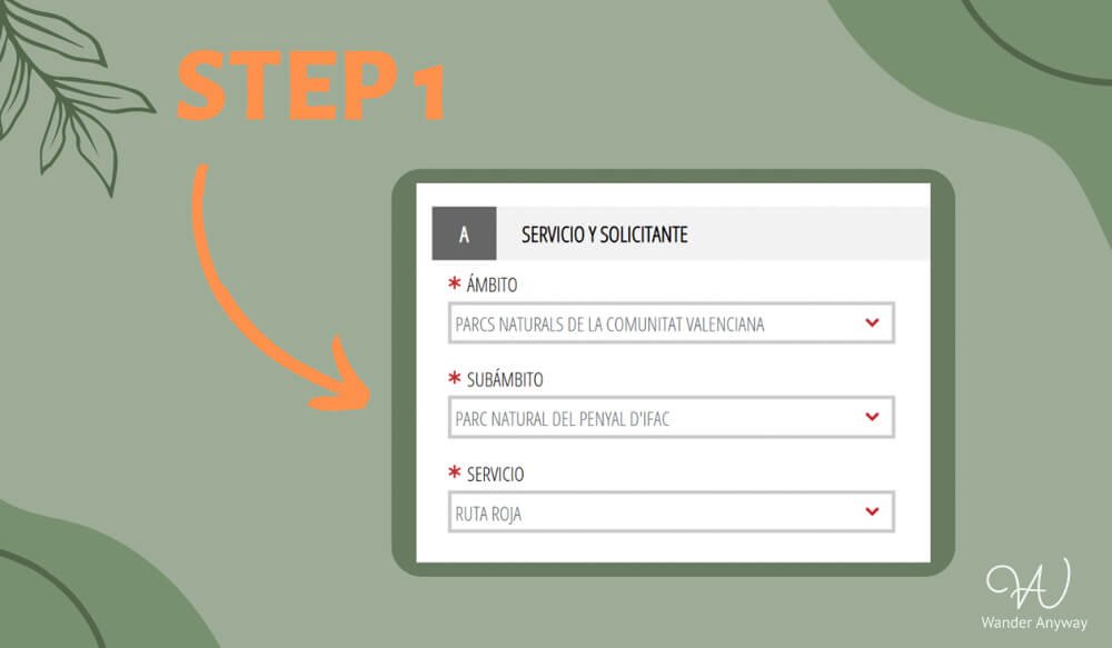 Penon de Ifach booking step 1 - select natural park dropdown menus
