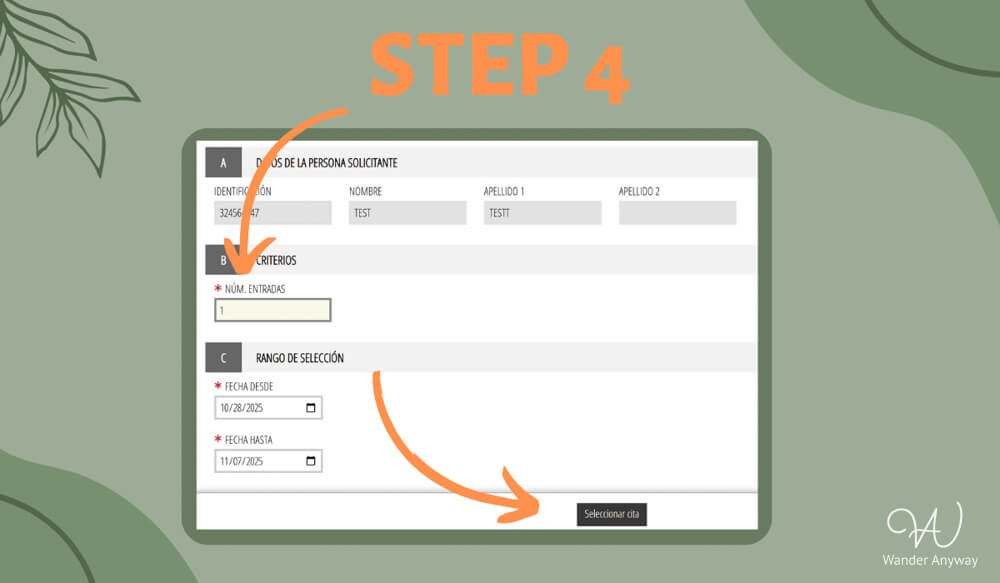 Penon de Ifach reservation step 4 - select number of tickets and date range