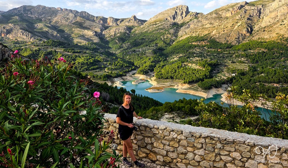 View over the turquoise Guadalest Reservoir from the village viewpoint.