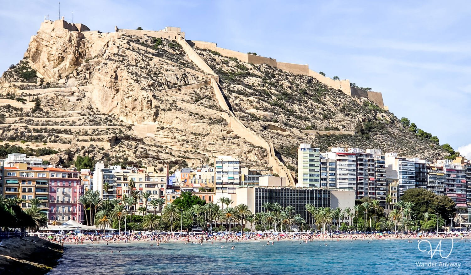 Postiguet Beach with Santa Bárbara Castle overlooking Alicante