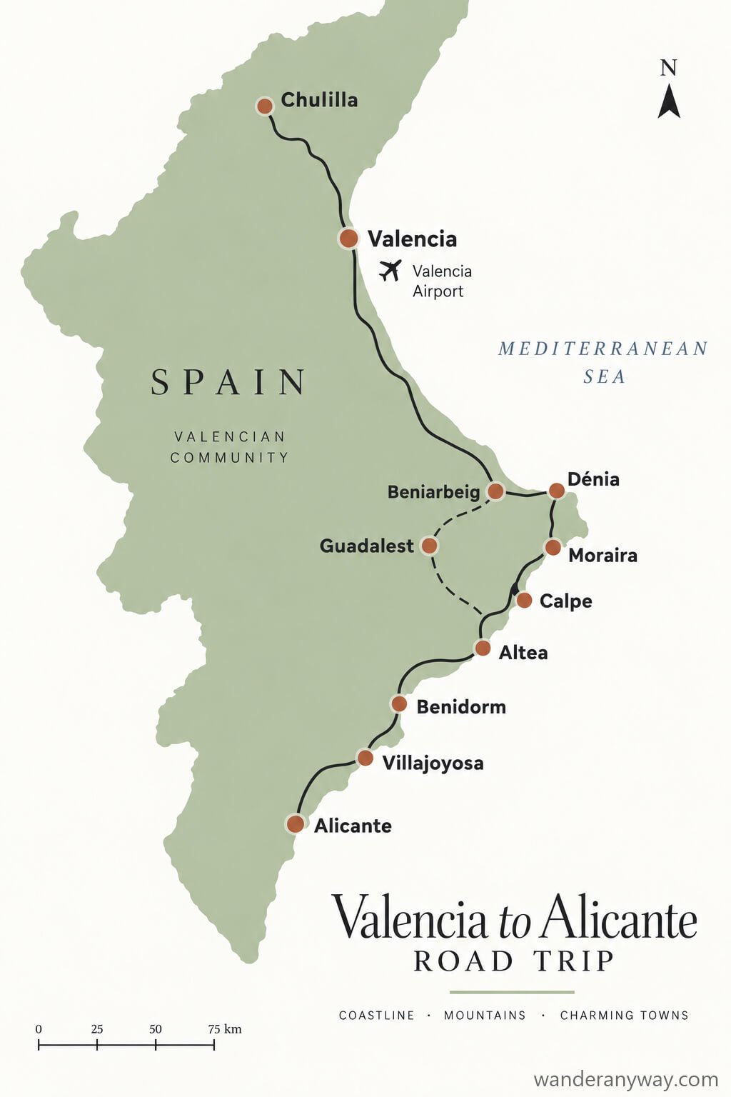 Valencia to Alicante road trip map showing Chulilla, Beniarbeig and the main stops along the Costa Blanca